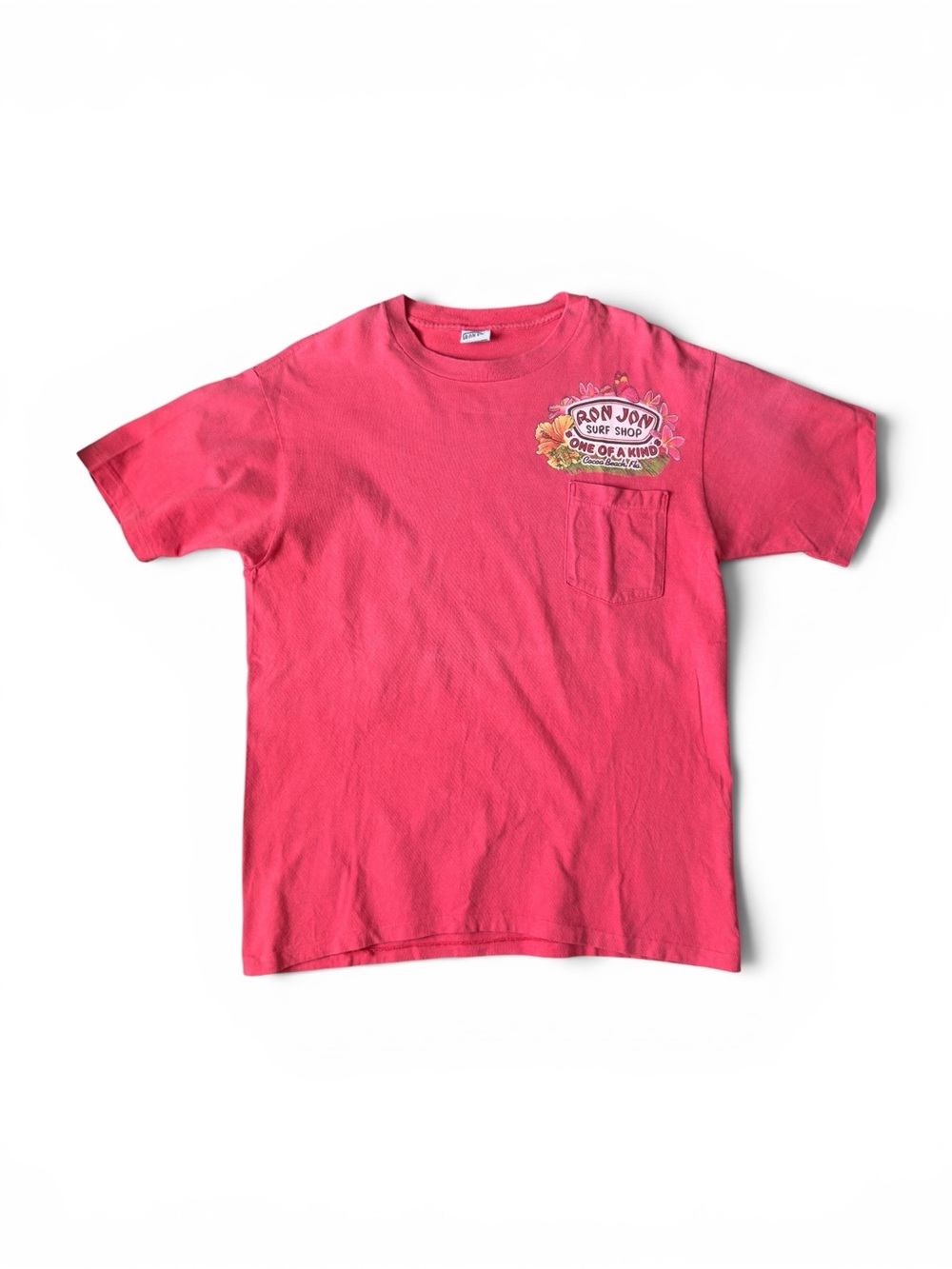 Ron Jon Surf Shop 1992 Vintage Pinkish Red Pocket T-Shirt- Single Stitch
